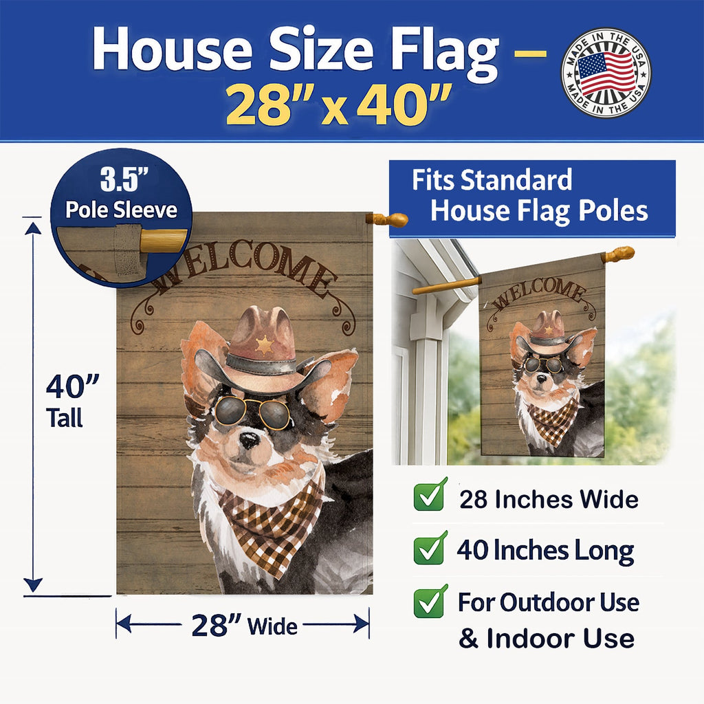 Longhaired Chihuahua Country Dog House Flag 28x40 Porch Sleeve Pole Decorative Outside Yard Banner Artwork Wall Hanging, Polyester