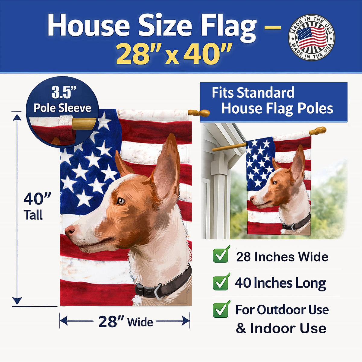 Andalusian Hound Dog American Flag House Flag 28x40 Porch Sleeve Pole Decorative Outside Yard Banner Artwork Wall Hanging, Polyester