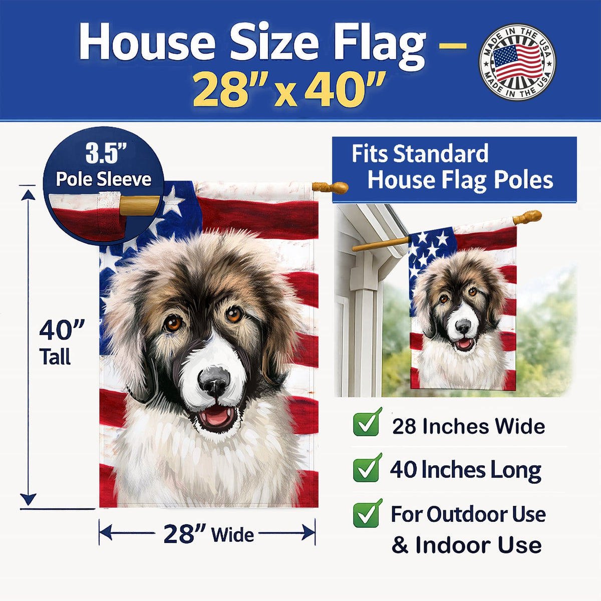 Carpathian Shepherd Dog American Flag House Flag 28x40 Porch Sleeve Pole Decorative Outside Yard Banner Artwork Wall Hanging, Polyester