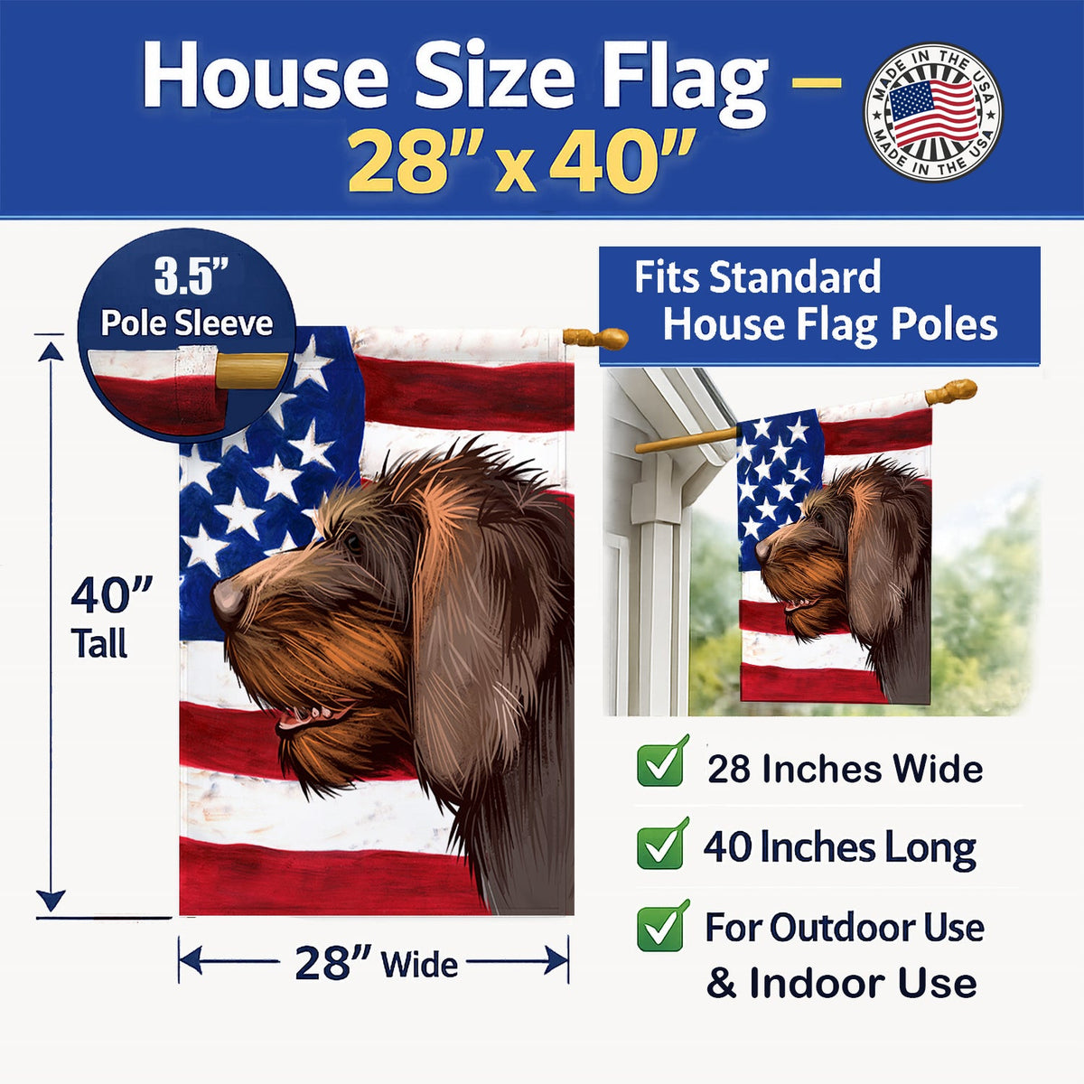 Cesky Fousek Dog American Flag House Flag 28x40 Porch Sleeve Pole Decorative Outside Yard Banner Artwork Wall Hanging, Polyester