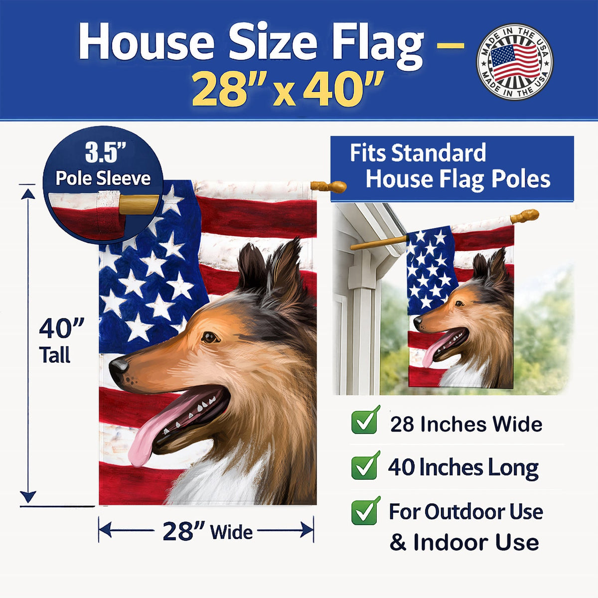 Collie Smooth Dog American Flag House Flag 28x40 Porch Sleeve Pole Decorative Outside Yard Banner Artwork Wall Hanging, Polyester