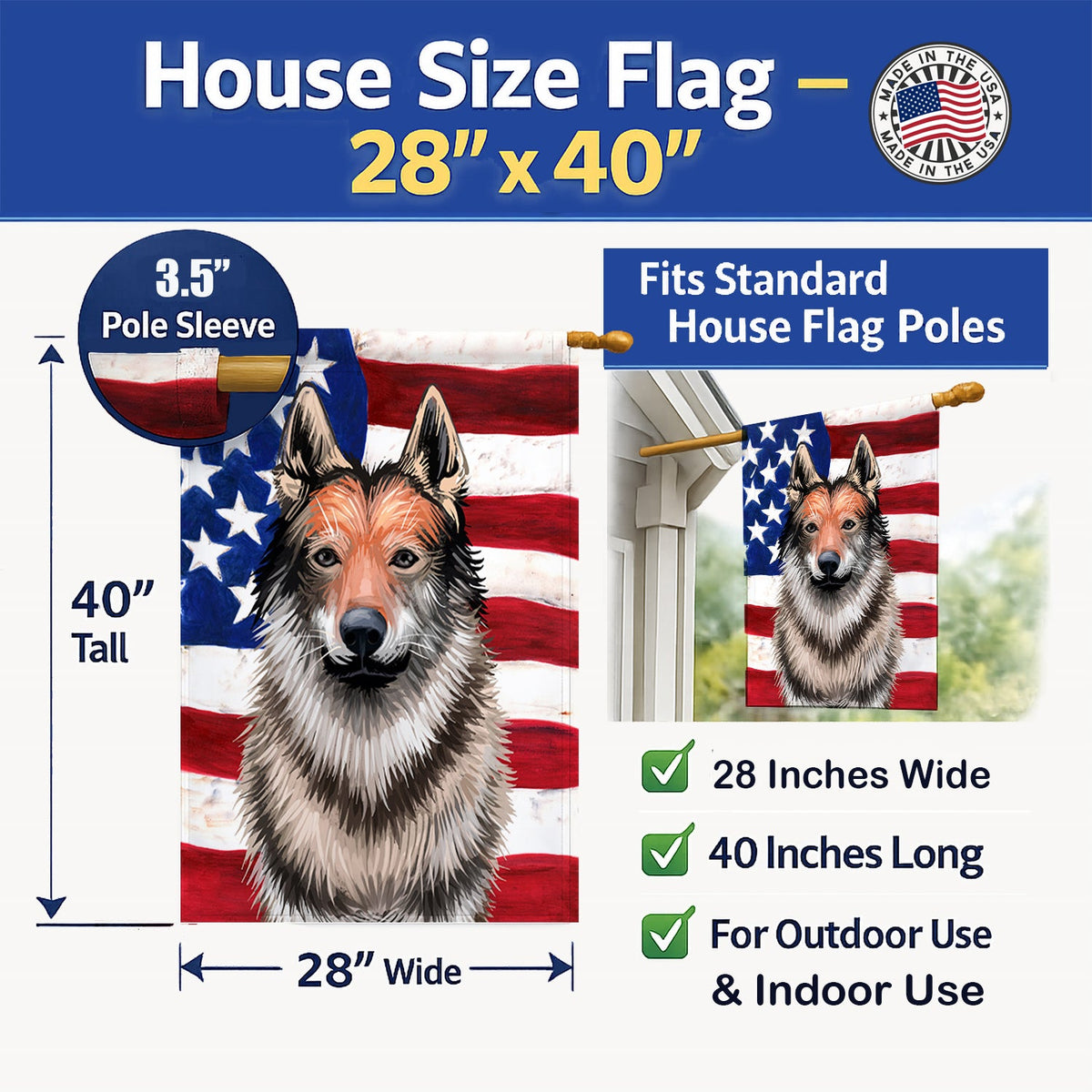 Czechoslovakian Wolfdog American Flag House Flag 28x40 Porch Sleeve Pole Decorative Outside Yard Banner Artwork Wall Hanging, Polyester