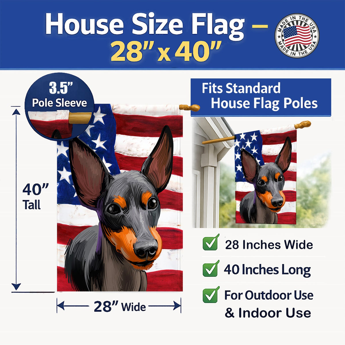 English Toy Terrier American Flag House Flag 28x40 Porch Sleeve Pole Decorative Outside Yard Banner Artwork Wall Hanging, Polyester