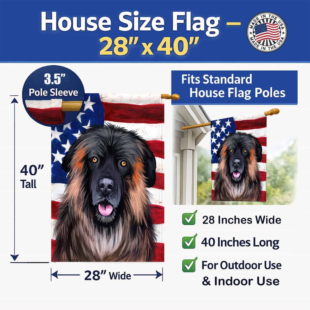 Estrela Mountain Dog American Flag House Flag 28x40 Porch Sleeve Pole Decorative Outside Yard Banner Artwork Wall Hanging, Polyester