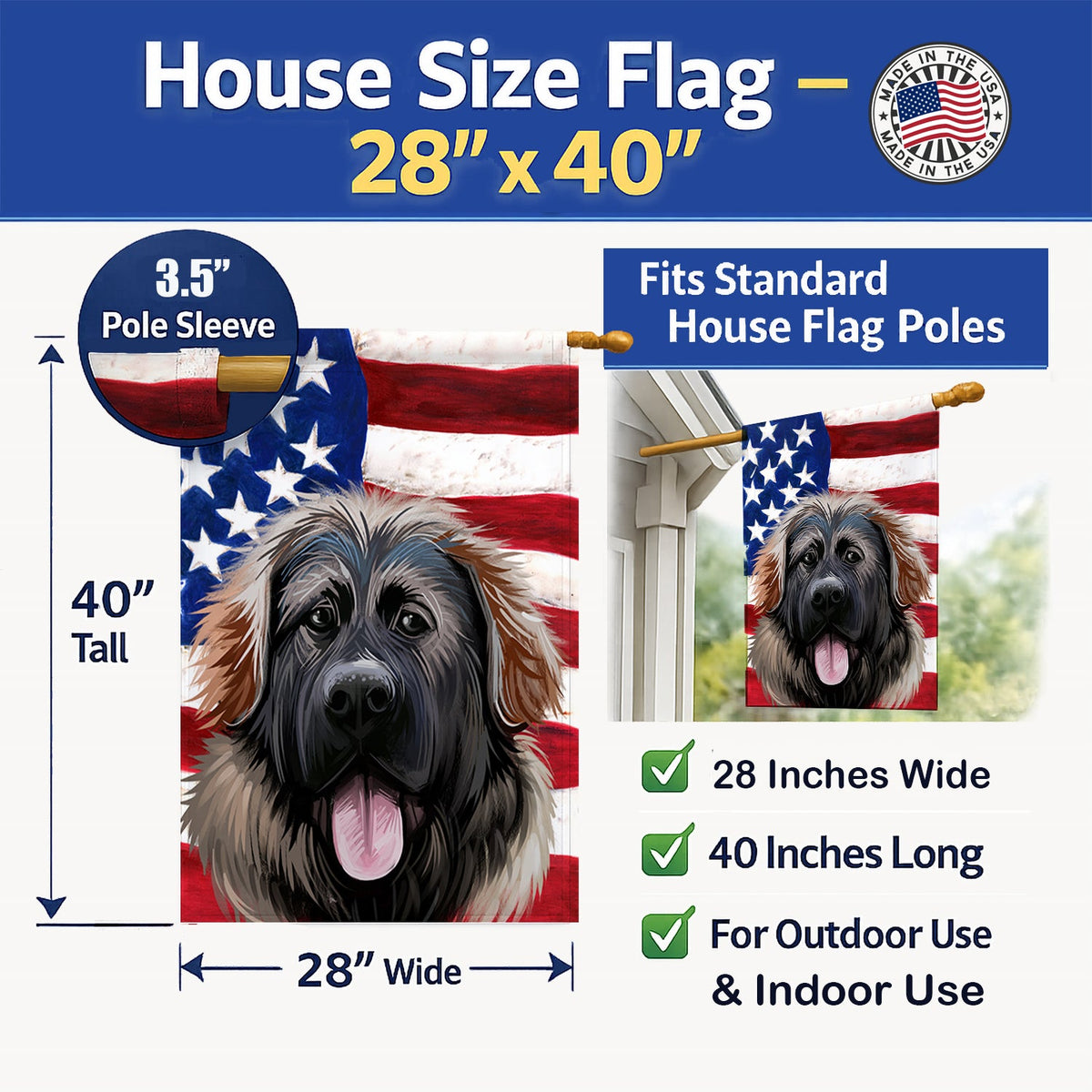 Georgian Shepherd Dog American Flag House Flag 28x40 Porch Sleeve Pole Decorative Outside Yard Banner Artwork Wall Hanging, Polyester