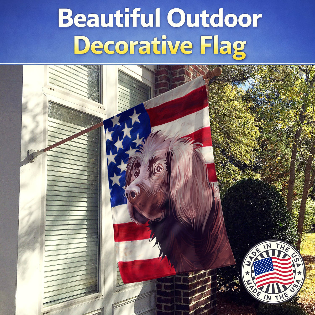 German Longhaired Pointer American Flag House Flag 28x40 Porch Sleeve Pole Decorative Outside Yard Banner Artwork Wall Hanging, Polyester