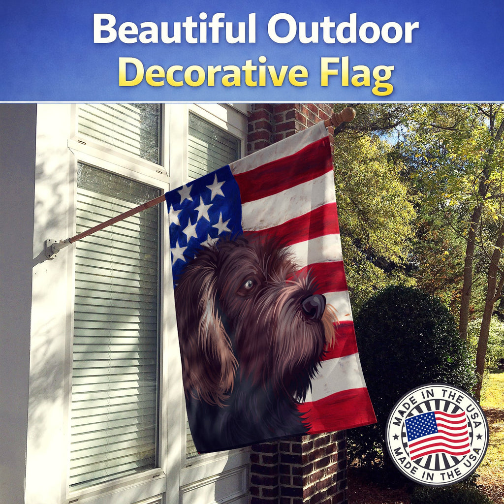 German Roughhaired Pointer American Flag House Flag 28x40 Porch Sleeve Pole Decorative Outside Yard Banner Artwork Wall Hanging, Polyester