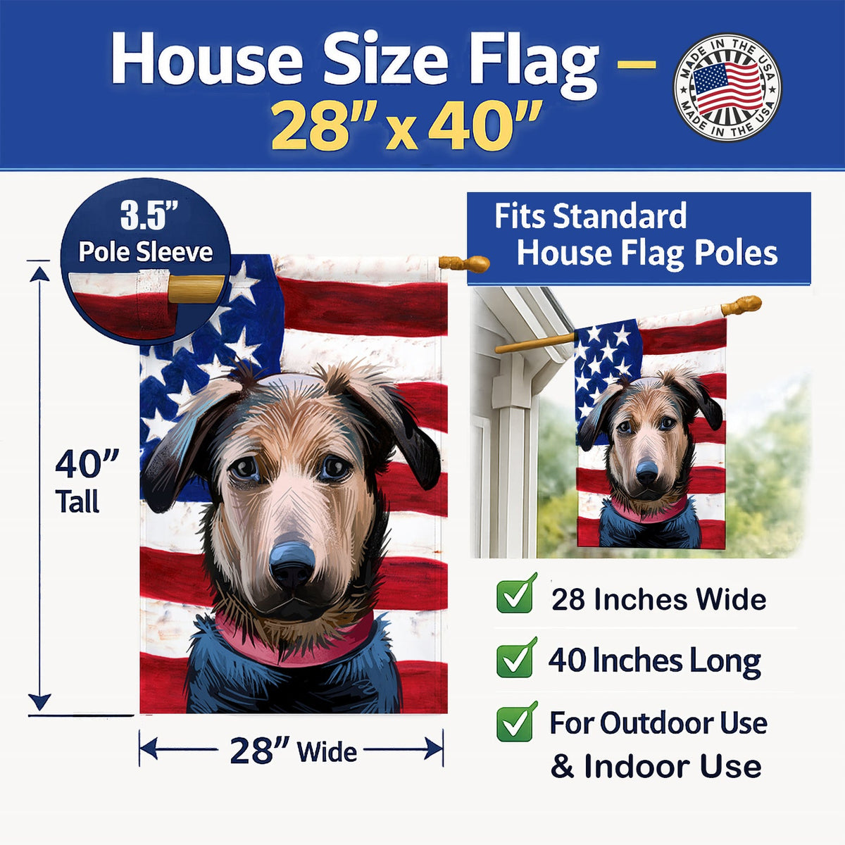 Huntaway Dog American Flag House Flag 28x40 Porch Sleeve Pole Decorative Outside Yard Banner Artwork Wall Hanging, Polyester