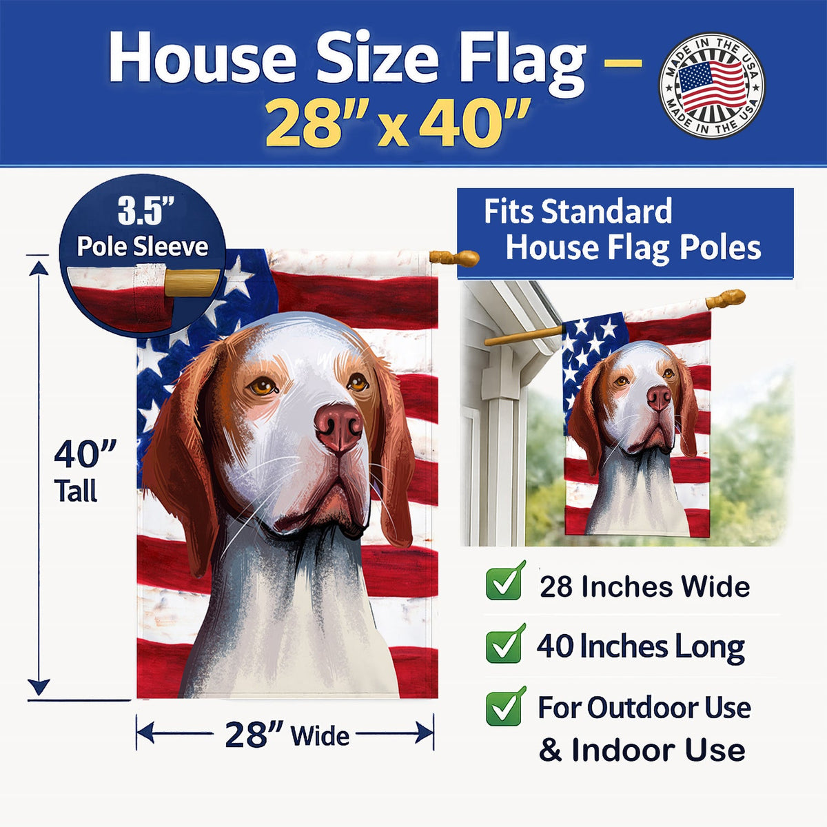 Hunting Dog American Flag House Flag 28x40 Porch Sleeve Pole Decorative Outside Yard Banner Artwork Wall Hanging, Polyester