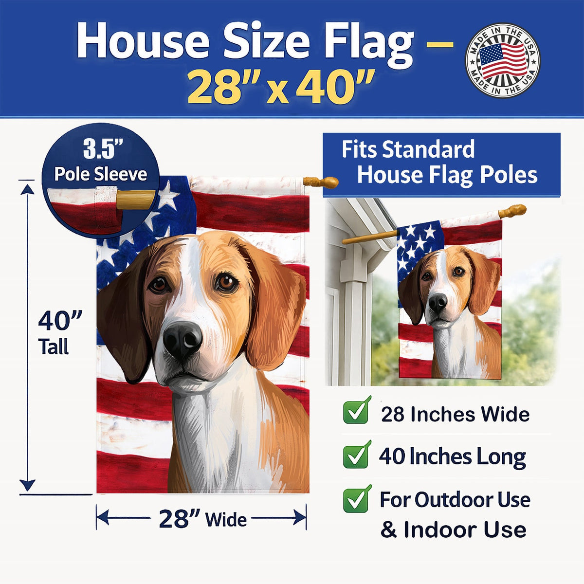 Hygenhund Dog American Flag House Flag 28x40 Porch Sleeve Pole Decorative Outside Yard Banner Artwork Wall Hanging, Polyester