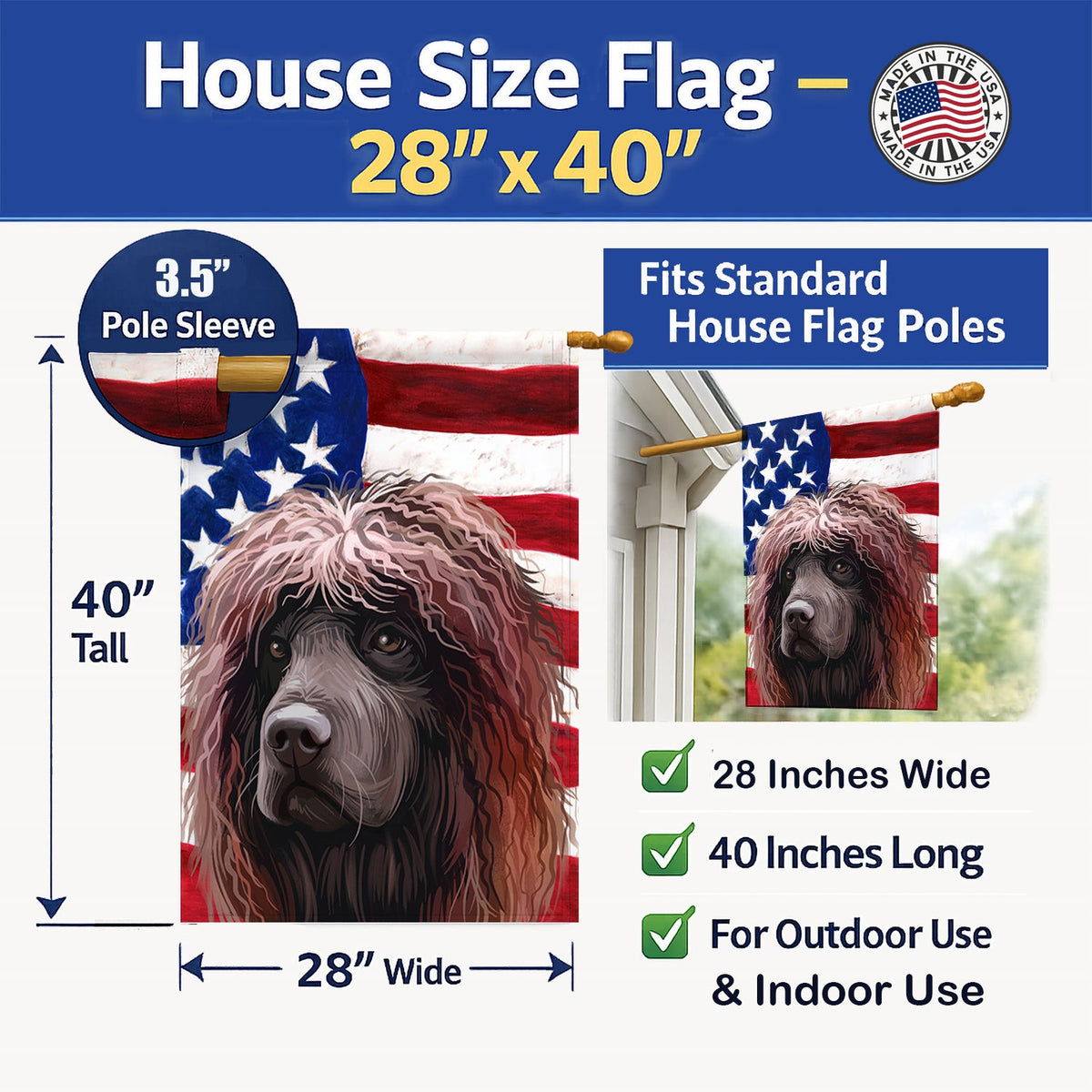 Irish Water Spaniel American Flag House Flag 28x40 Porch Sleeve Pole Decorative Outside Yard Banner Artwork Wall Hanging, Polyester