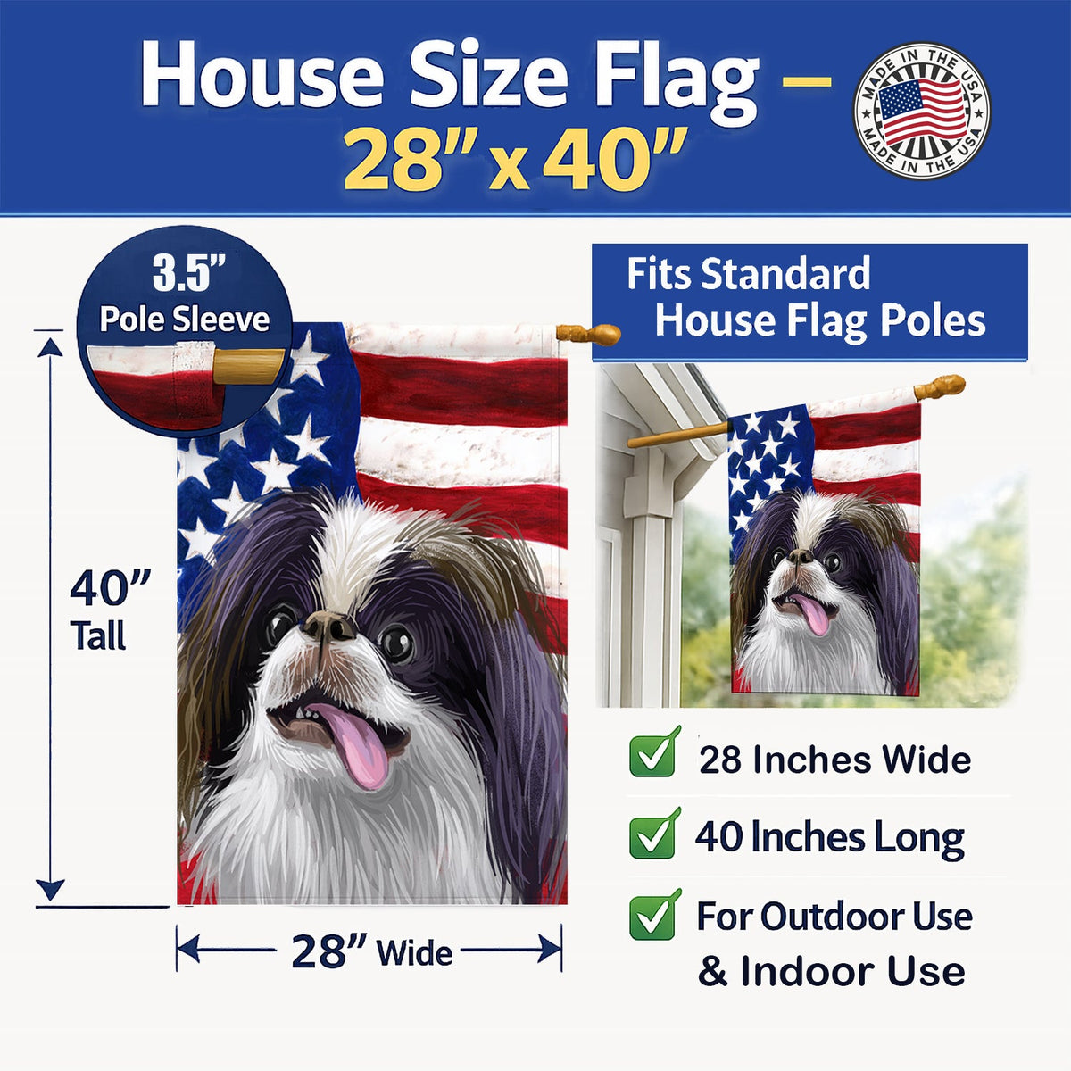 Japanese Chin American Flag House Flag 28x40 Porch Sleeve Pole Decorative Outside Yard Banner Artwork Wall Hanging, Polyester