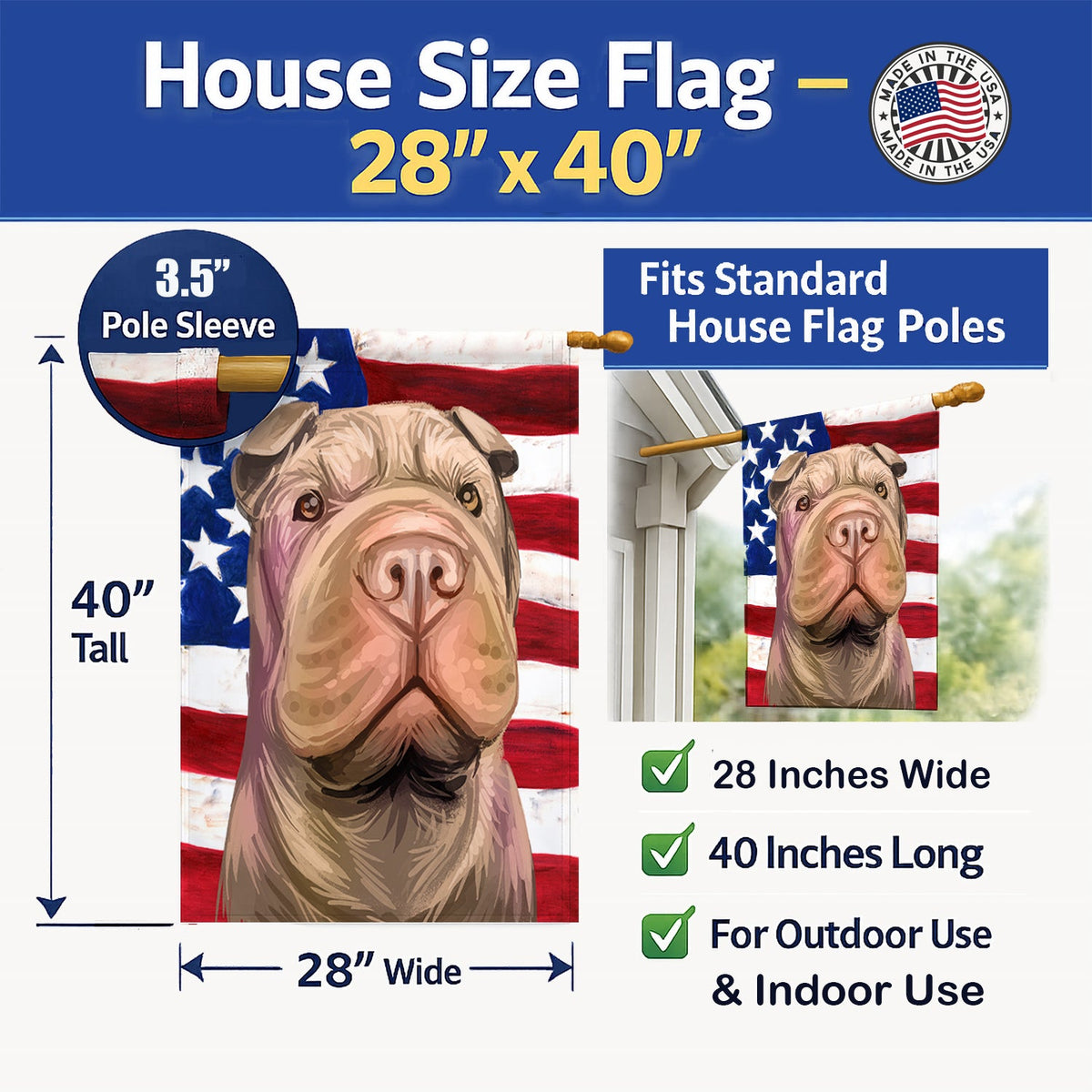 Shar Pei Dog American Flag House Flag 28x40 Porch Sleeve Pole Decorative Outside Yard Banner Artwork Wall Hanging, Polyester