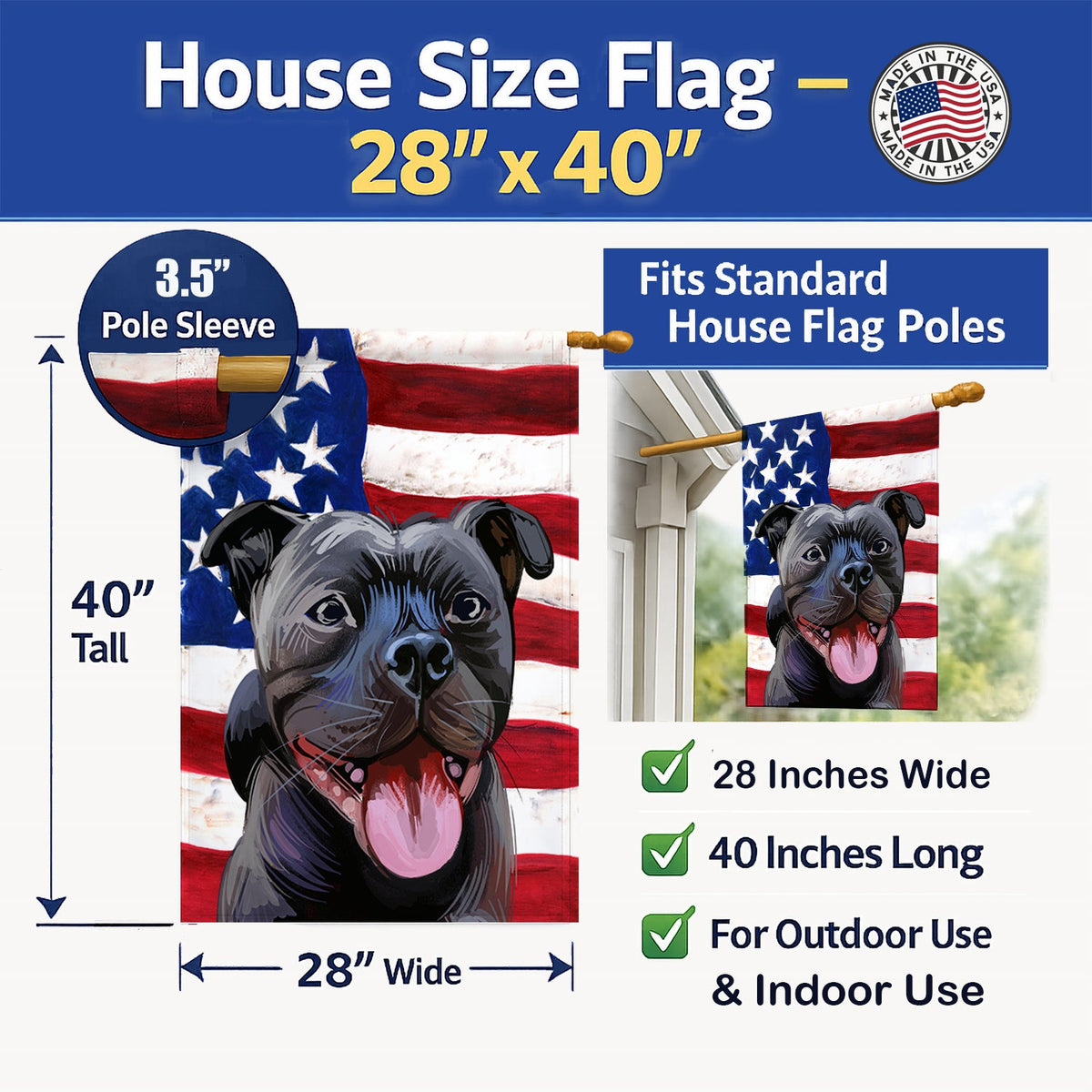 Staffordshire Bull Terrier American Flag House Flag 28x40 Porch Sleeve Pole Decorative Outside Yard Banner Artwork Wall Hanging, Polyester
