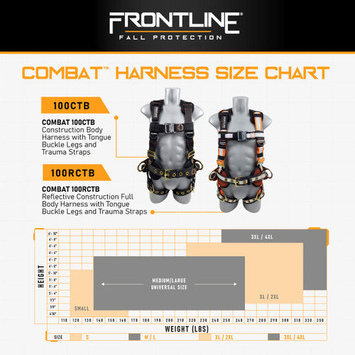 Frontline 100CTB Combat Construction Full Body Harness with Tongue Buckle Legs and Trauma Straps 3X/4X