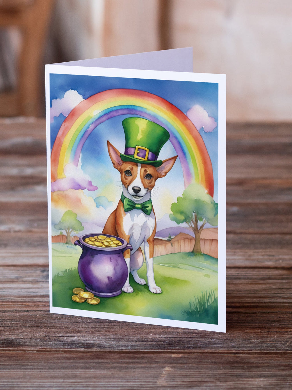 Basenji St Patrick's Day Greeting Cards Pack of 8 Blank Cards with Envelopes Whimsical A7 Size 5x7
