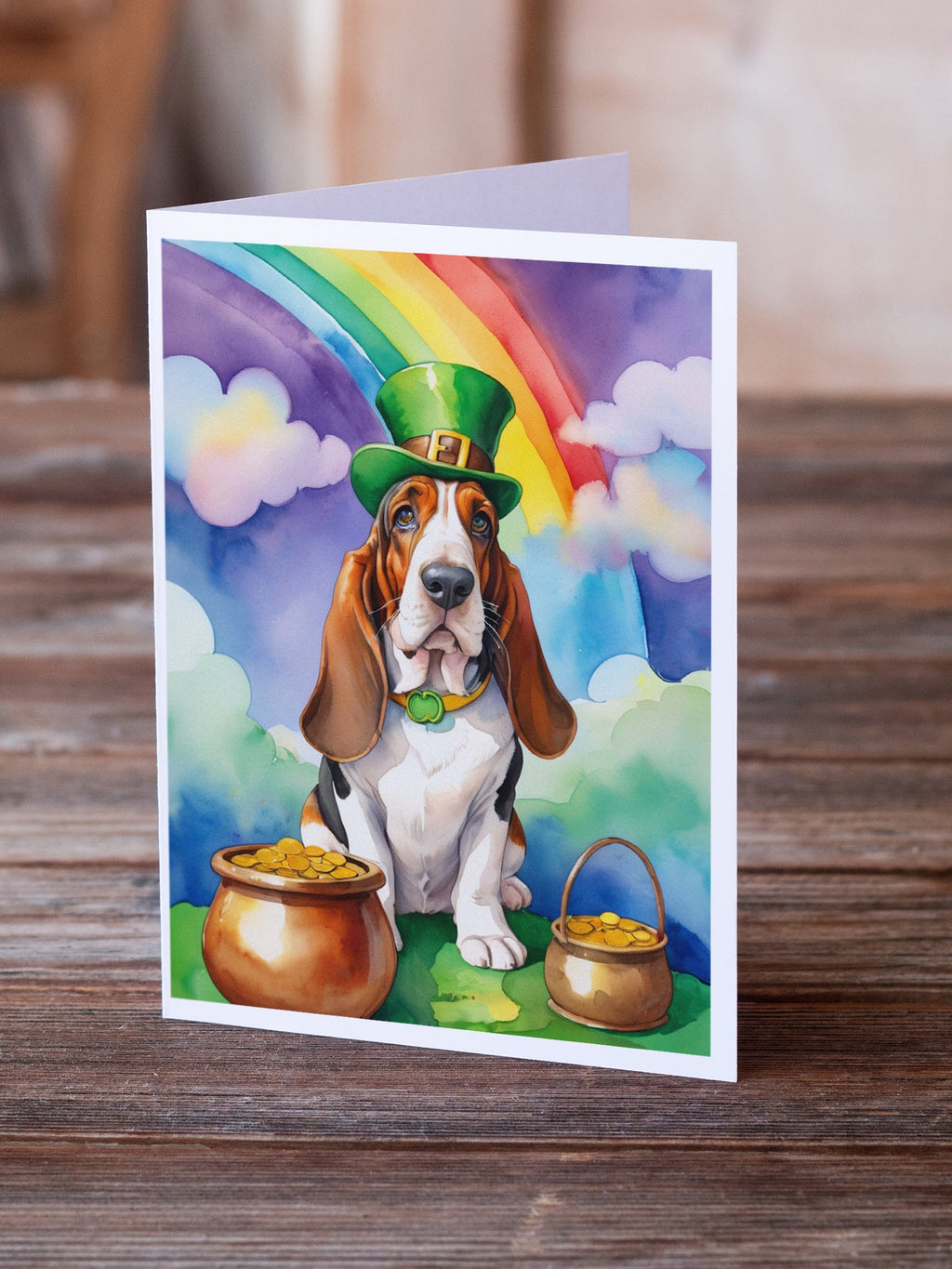 Basset Hound St Patrick's Day Greeting Cards Pack of 8 Blank Cards with Envelopes Whimsical A7 Size 5x7