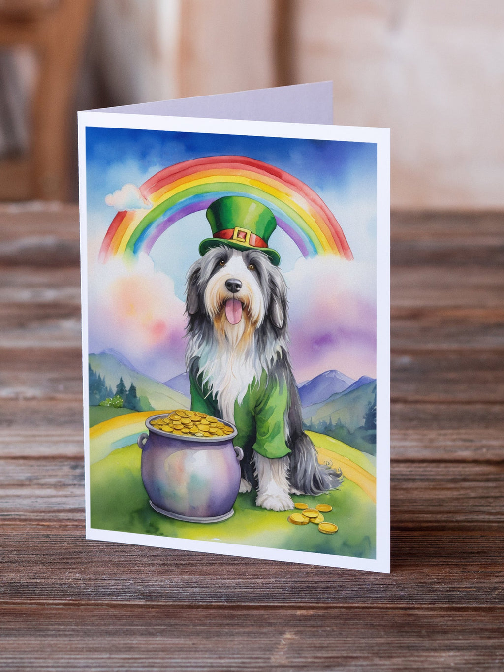 Bearded Collie St Patrick's Day Greeting Cards Pack of 8 Blank Cards with Envelopes Whimsical A7 Size 5x7