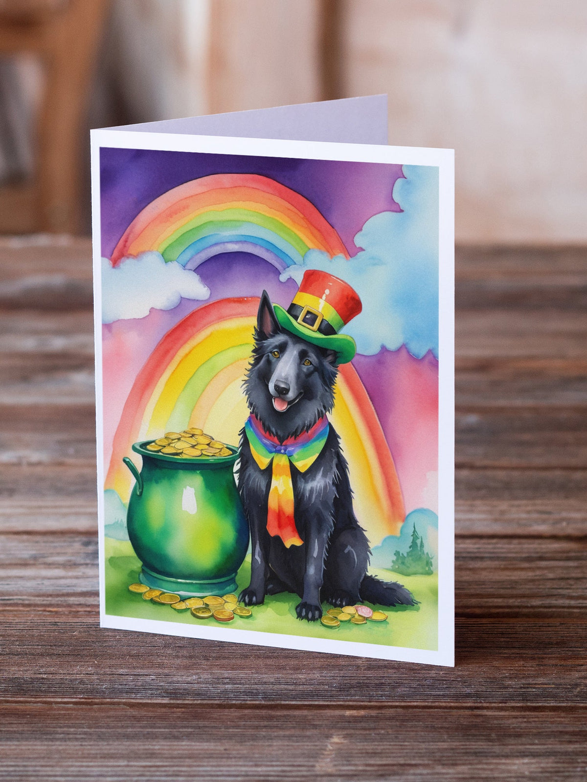 Belgian Sheepdog St Patrick's Day Greeting Cards Pack of 8 Blank Cards with Envelopes Whimsical A7 Size 5x7