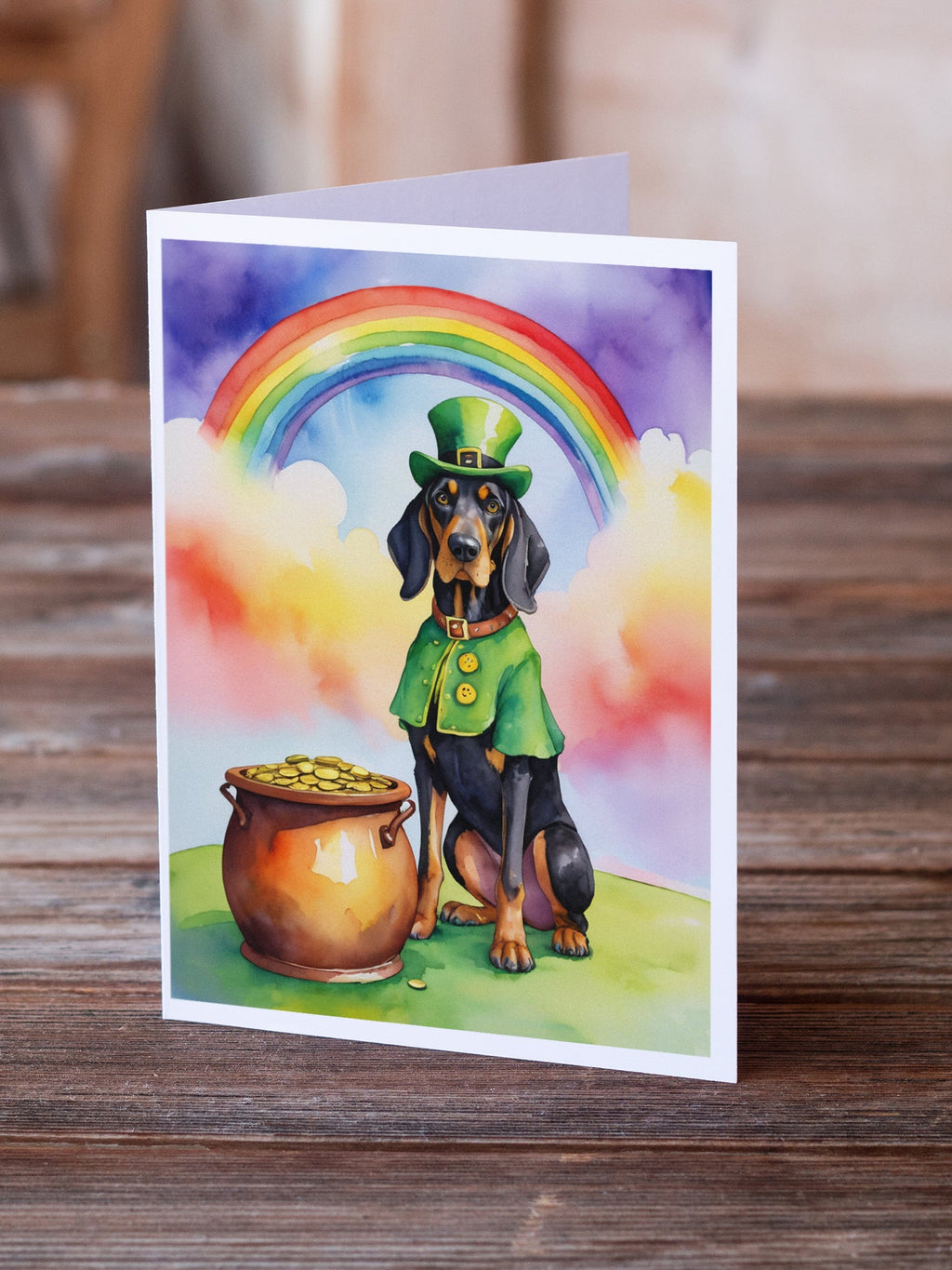 Black and Tan Coonhound St Patrick's Day Greeting Cards Pack of 8 Blank Cards with Envelopes Whimsical A7 Size 5x7