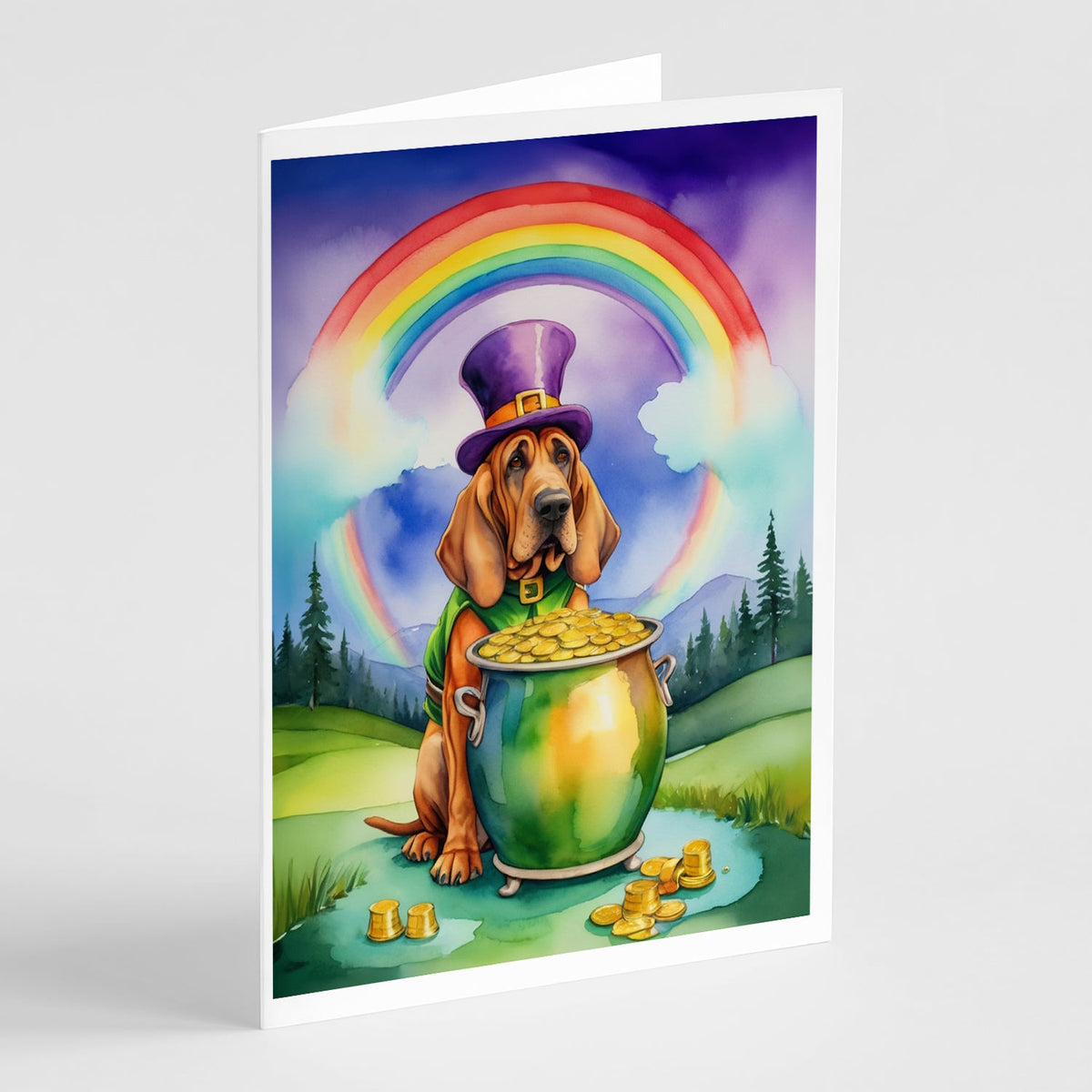 Bloodhound St Patrick's Day Greeting Cards Pack of 8 Blank Cards with Envelopes Whimsical A7 Size 5x7