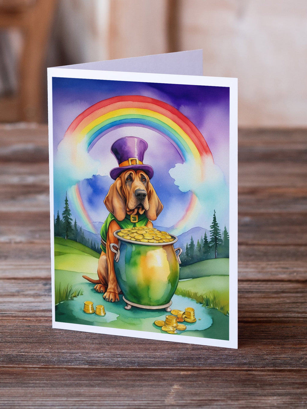 Bloodhound St Patrick's Day Greeting Cards Pack of 8 Blank Cards with Envelopes Whimsical A7 Size 5x7