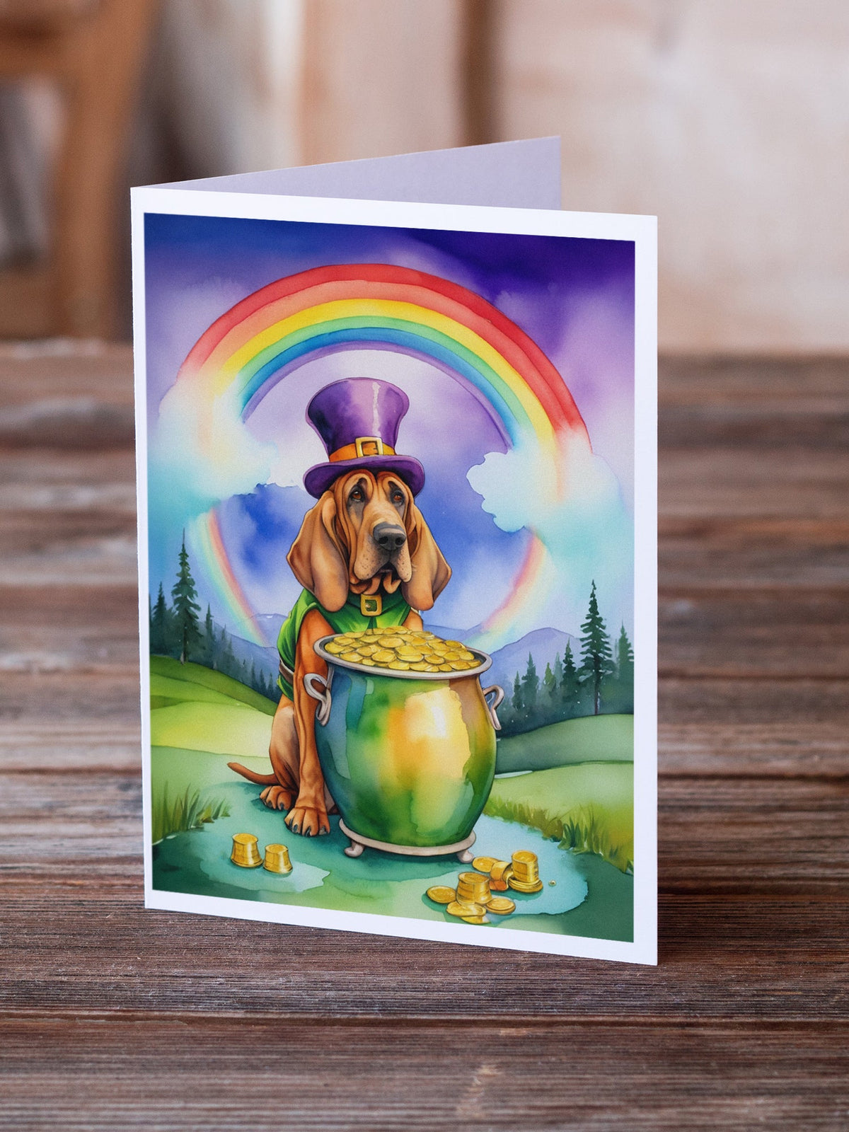 Bloodhound St Patrick's Day Greeting Cards Pack of 8 Blank Cards with Envelopes Whimsical A7 Size 5x7