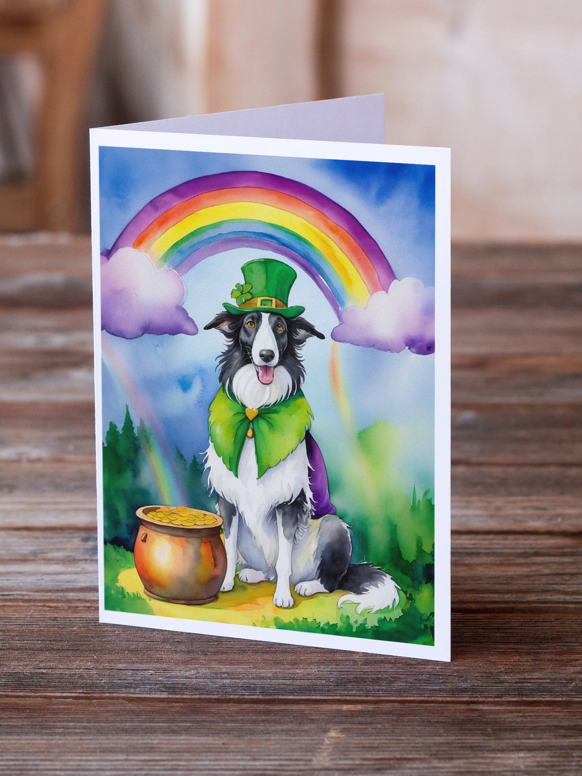 Borzoi St Patrick's Day Greeting Cards Pack of 8 Blank Cards with Envelopes Whimsical A7 Size 5x7