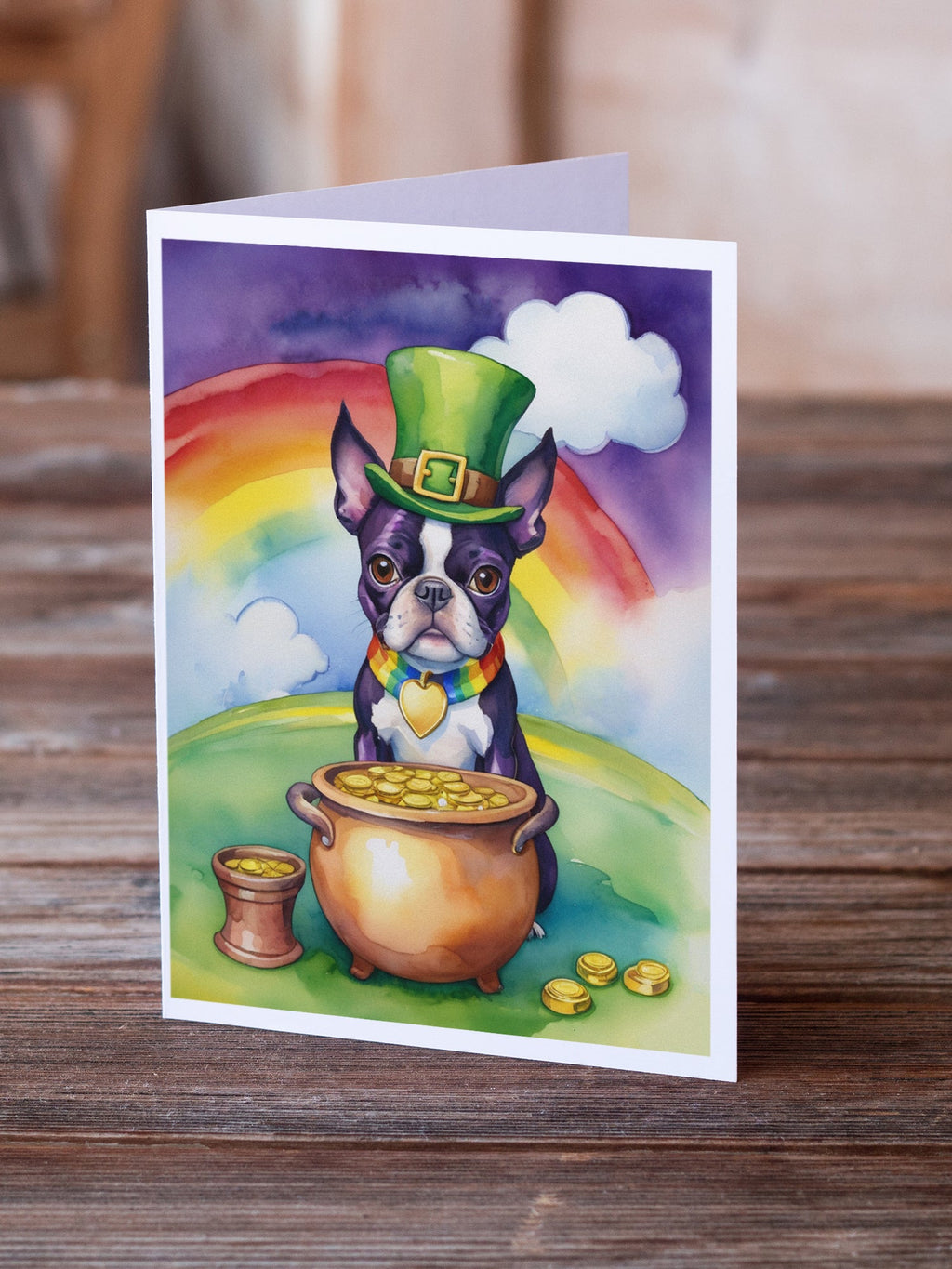 Boston Terrier St Patrick's Day Greeting Cards Pack of 8 Blank Cards with Envelopes Whimsical A7 Size 5x7