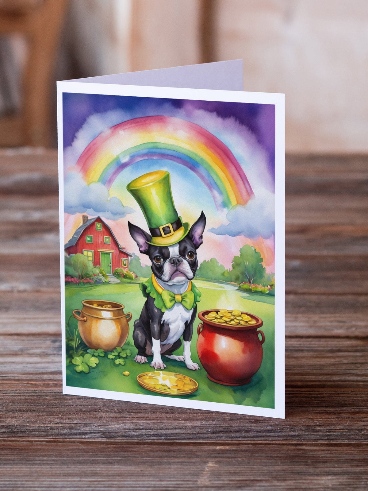 Boston Terrier St Patrick's Day Greeting Cards Pack of 8 Blank Cards with Envelopes Whimsical A7 Size 5x7