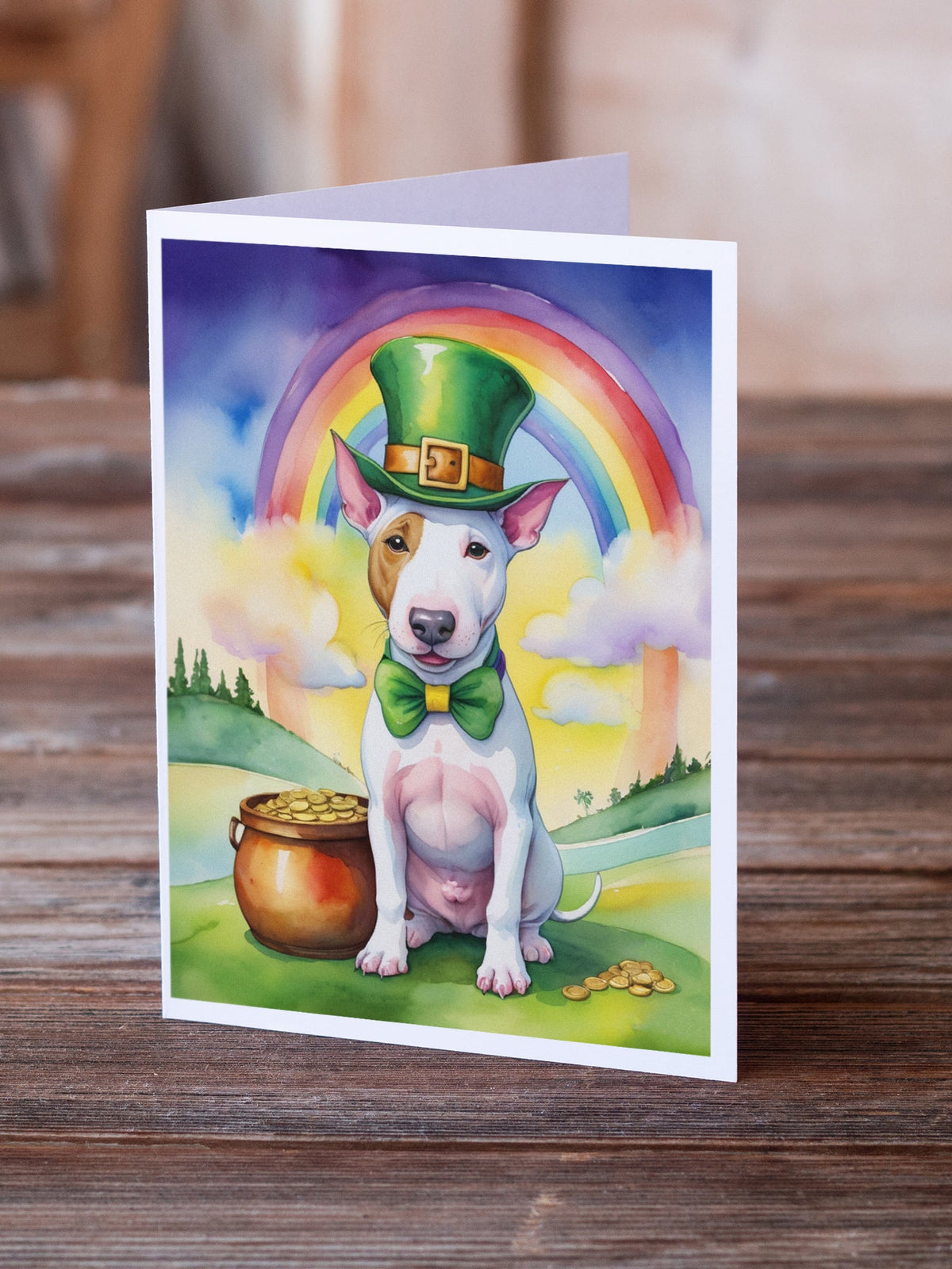 Bull Terrier St Patrick's Day Greeting Cards Pack of 8 Blank Cards with Envelopes Whimsical A7 Size 5x7