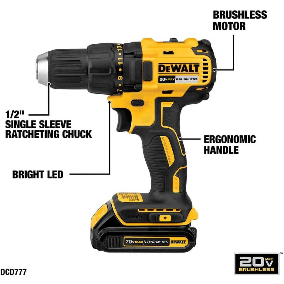 DEWALT DCD777C2 20V MAX* Compact Brushless Drill/Driver Kit With 2 Batteries