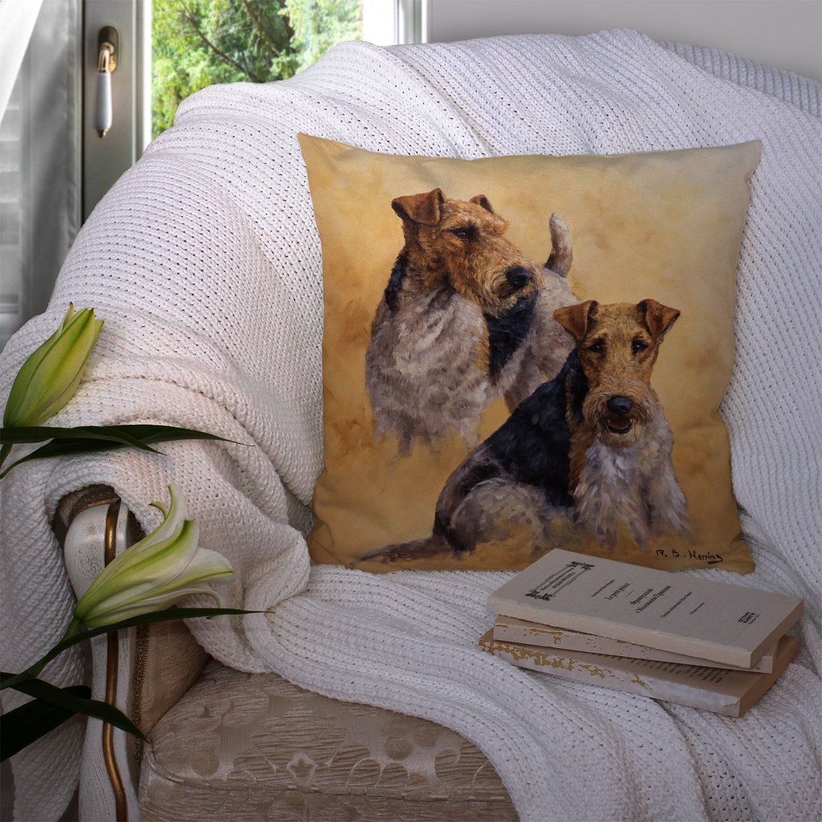 Fox Terriers by Michael Herring Decorative Throw Pillow 14x14 Indoor Outdoor Accent Cushion, Fabric Cover with Insert for Sofa, Bed, Porch & Living Room