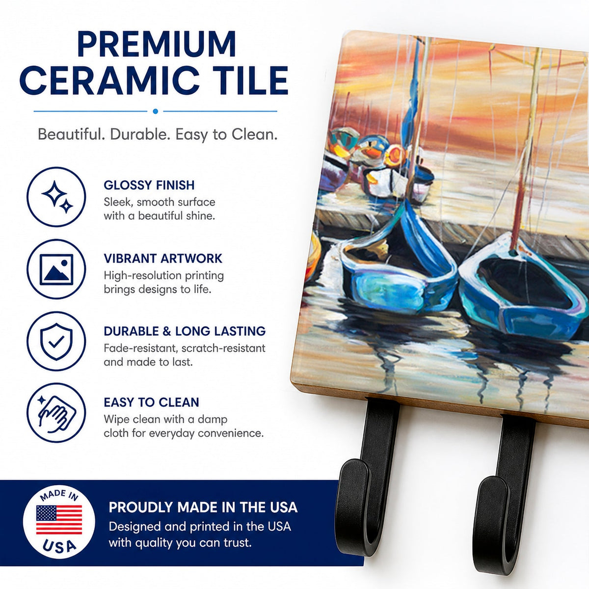 Beach View with Sailboats Leash or Key Holder Wall Hooks, Coat Rack Wall Mount, for Hanging Keys, Towels, Aprons, Leashes