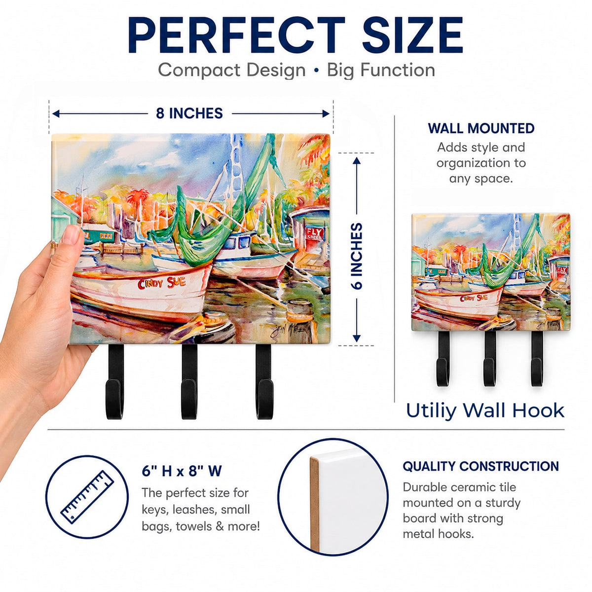 Sailboat Cindy Sue Leash or Key Holder Wall Hooks, Coat Rack Wall Mount, for Hanging Keys, Towels, Aprons, Leashes