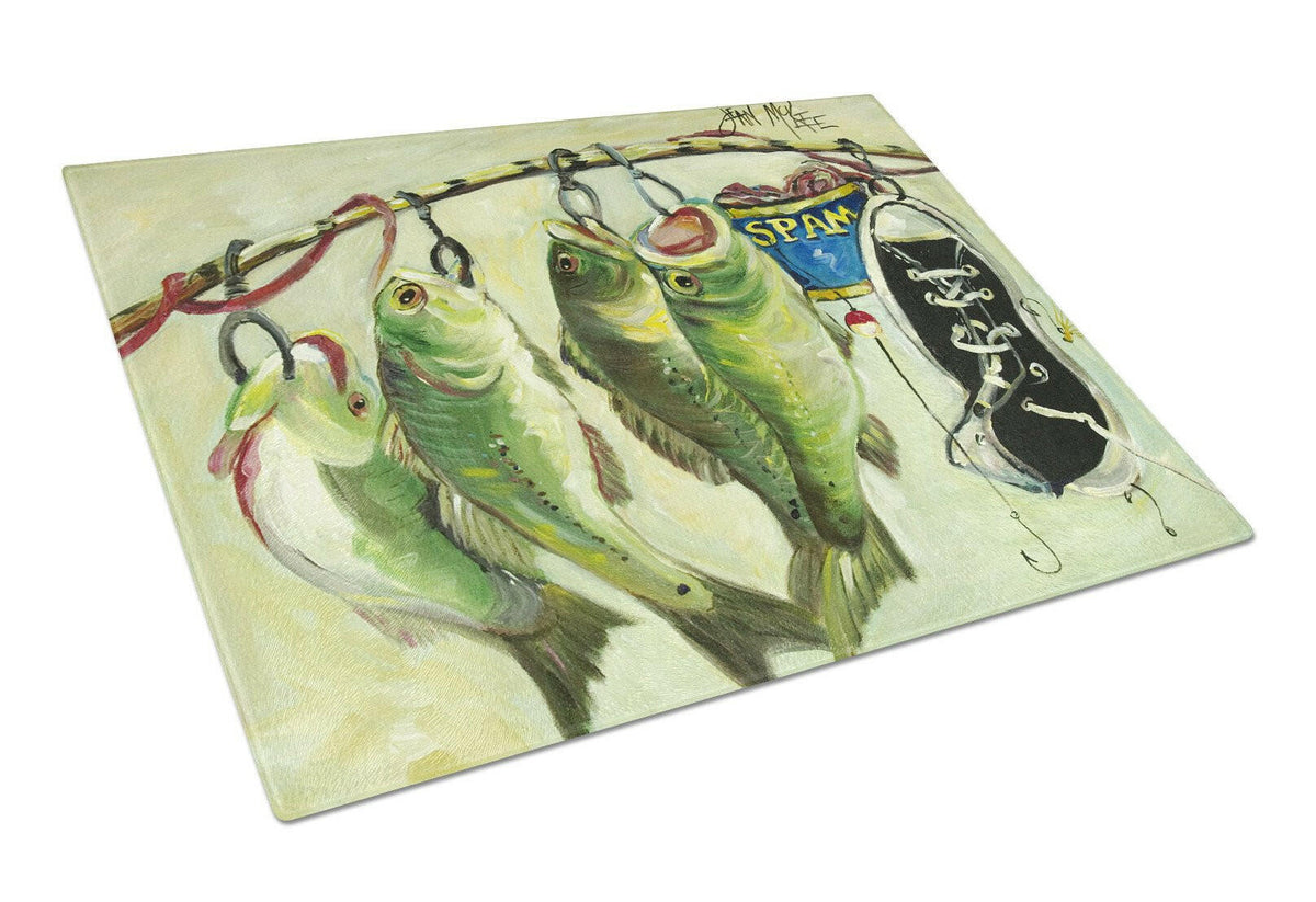Recession Food Fish caught with Spam Cutting Board Tempered Glass Kitchen Cutting Surface, Heat Resistant Chopping, Non-Slip Feet, Food Prep & Serving