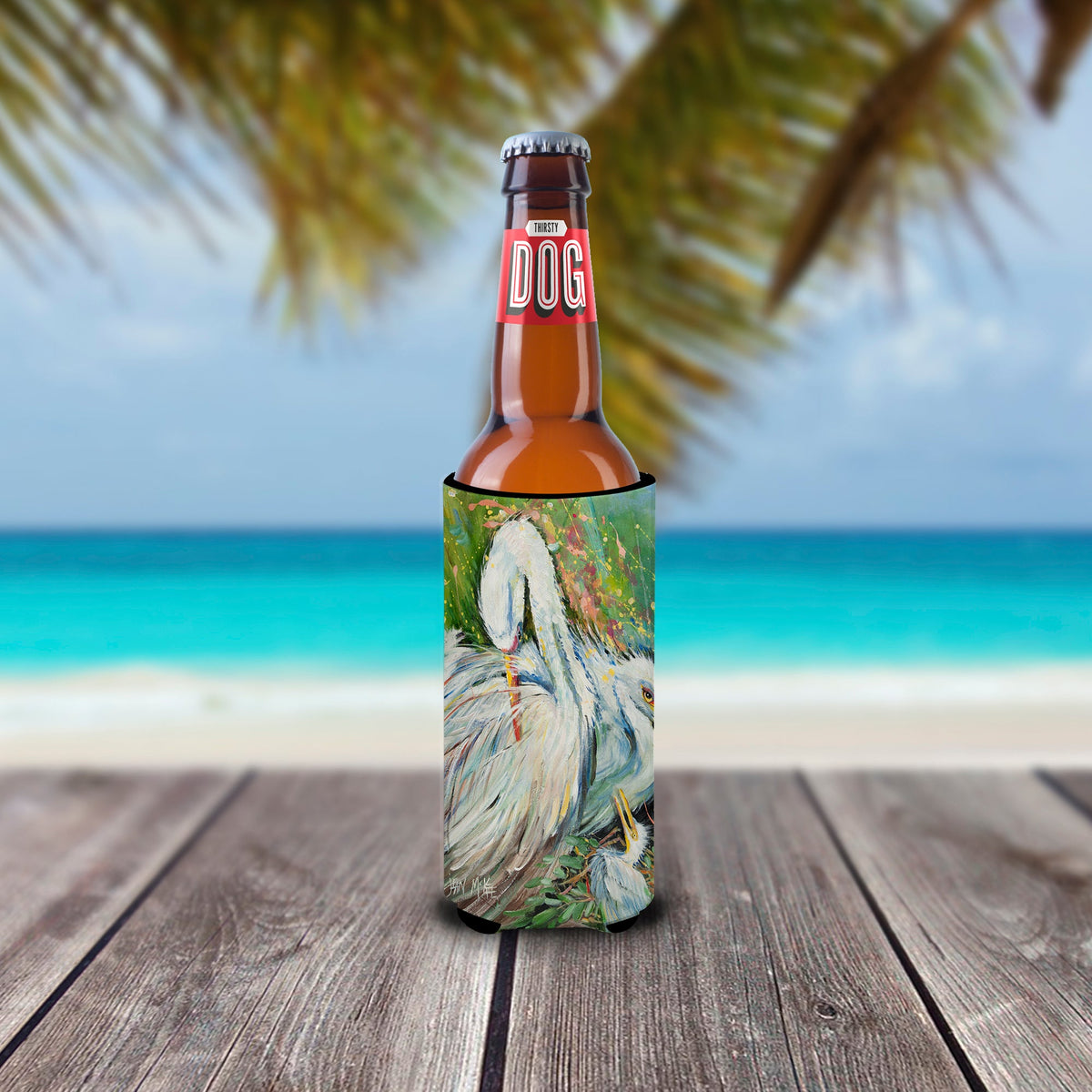White Egret in the Rain Slim Can Hugger , Insulated Foam Hugger for 12 oz Slim Cans, Beer Bottles & Water Bottles, Printed in USA