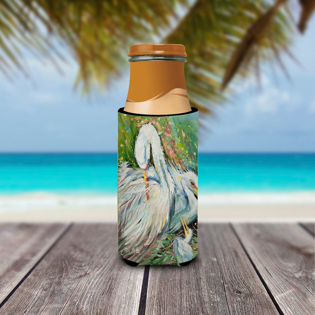 White Egret in the Rain Slim Can Hugger , Insulated Foam Hugger for 12 oz Slim Cans, Beer Bottles & Water Bottles, Printed in USA