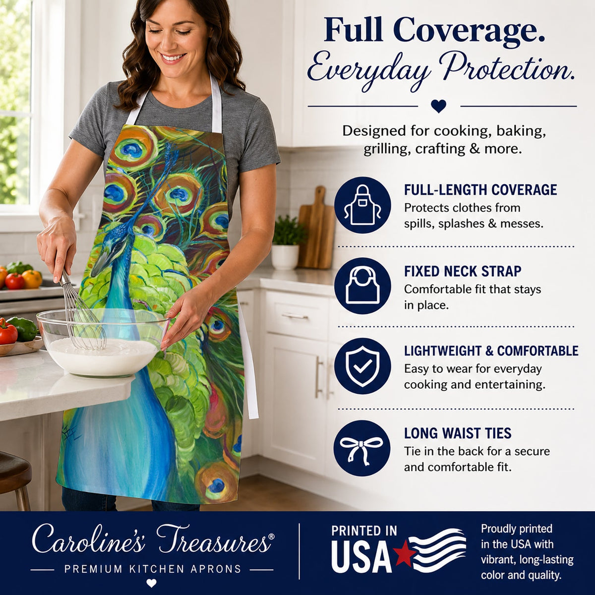 Bling Peacock Apron Cooking Kitchen Server Baking Crafts Gardening for Adult Women Men, Unisex, Large, Multicolor