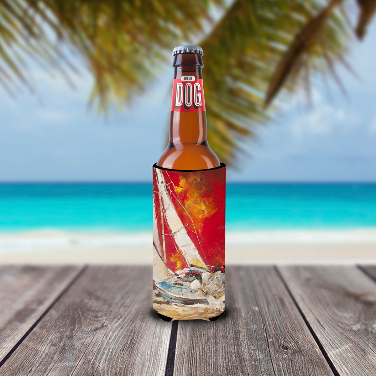 Red Sailboat Slim Can Hugger , Insulated Foam Hugger for 12 oz Slim Cans, Beer Bottles & Water Bottles, Printed in USA