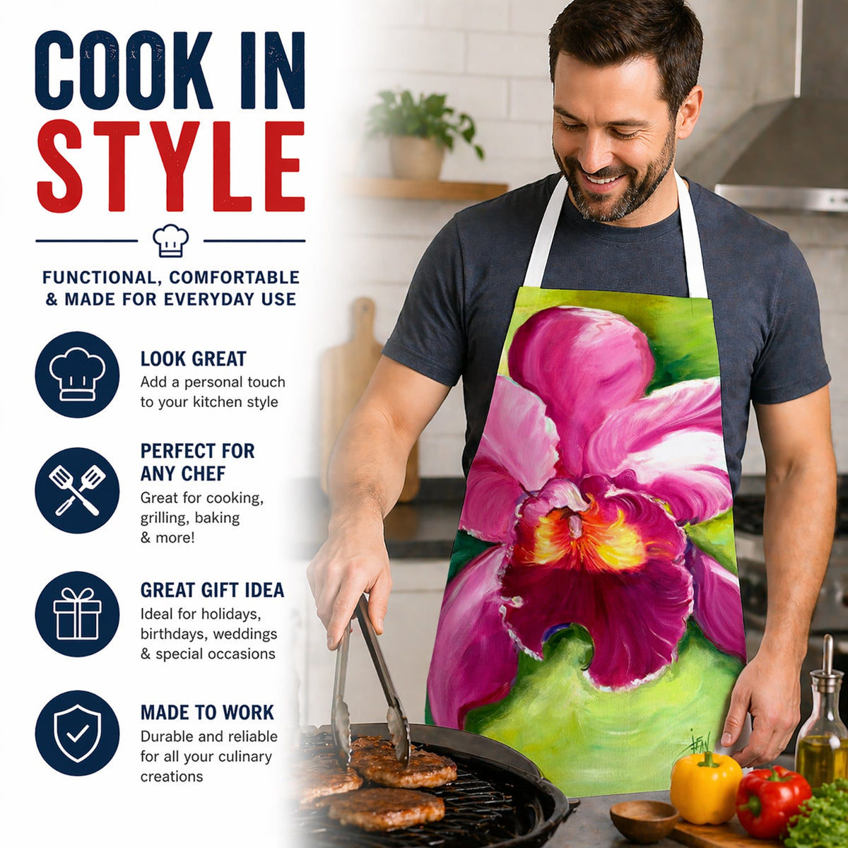 Orchid Apron Cooking Kitchen Server Baking Crafts Gardening for Adult Women Men, Unisex, Large, Multicolor