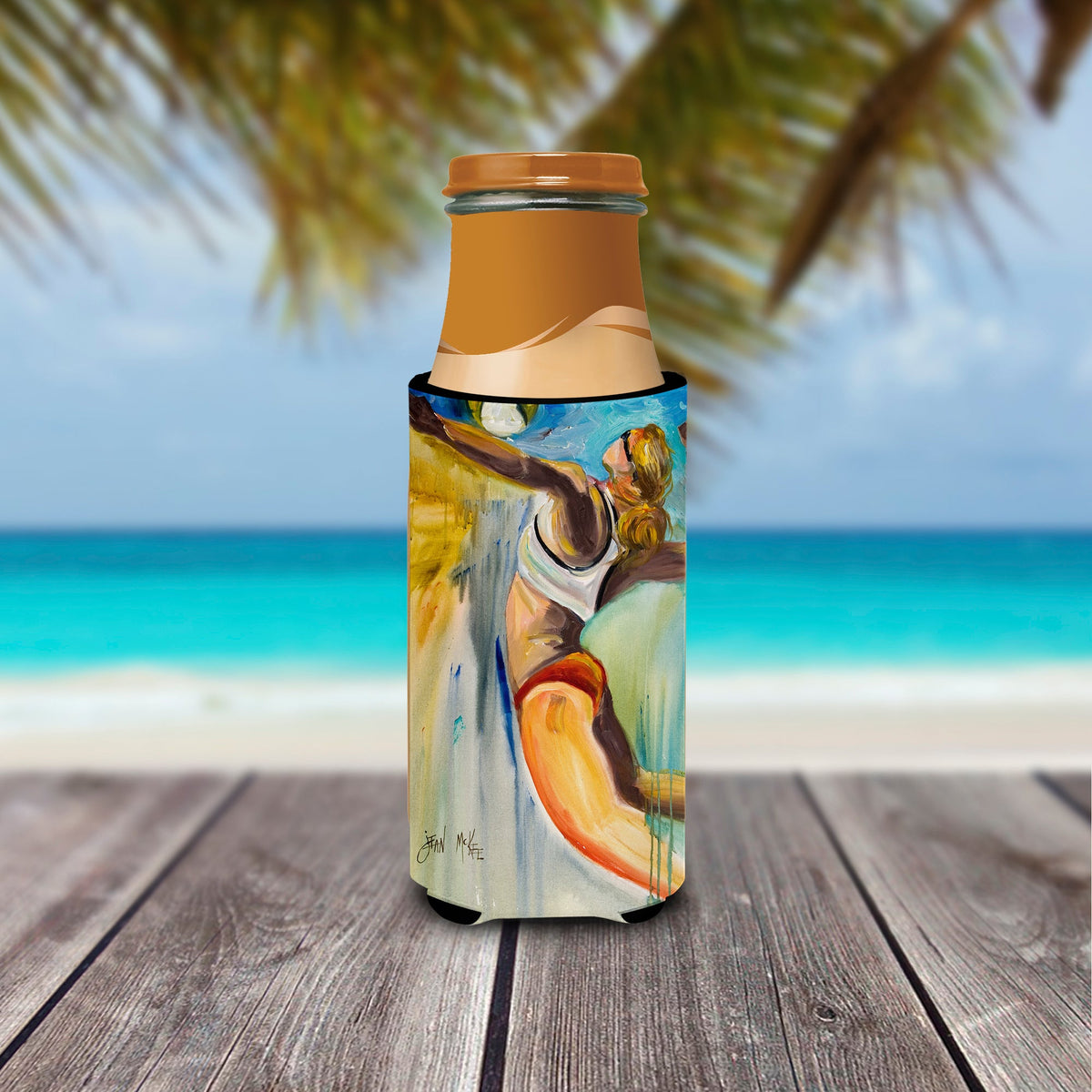 Beach Volleyball Slim Can Hugger , Insulated Foam Hugger for 12 oz Slim Cans, Beer Bottles & Water Bottles, Printed in USA