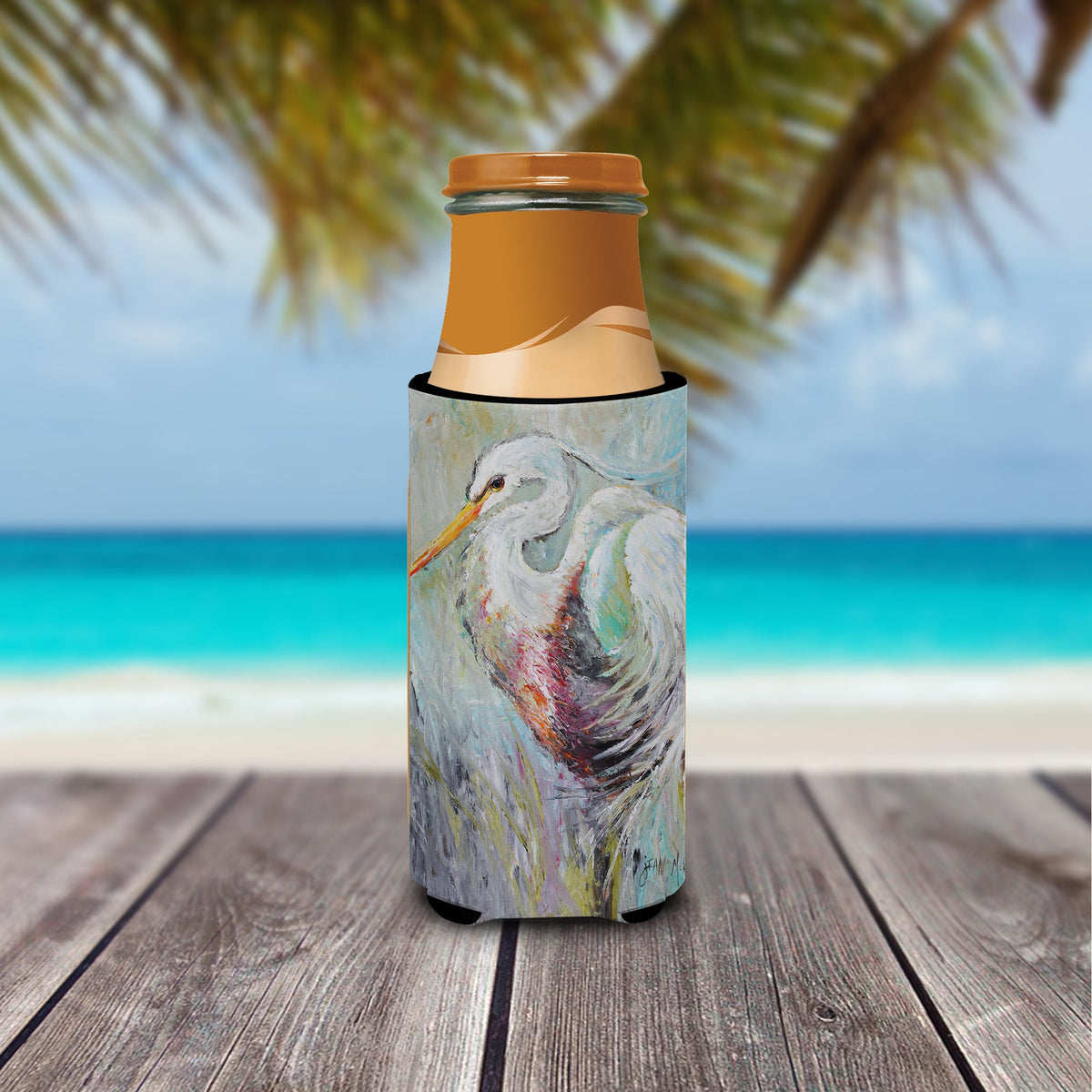 White Egret Slim Can Hugger , Insulated Foam Hugger for 12 oz Slim Cans, Beer Bottles & Water Bottles, Printed in USA