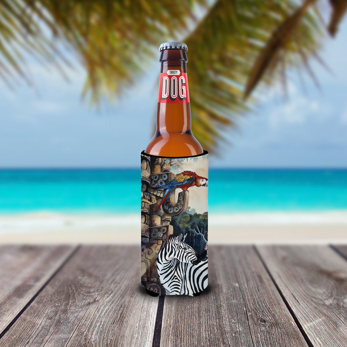 Zebras and Parrots Slim Can Hugger , Insulated Foam Hugger for 12 oz Slim Cans, Beer Bottles & Water Bottles, Printed in USA