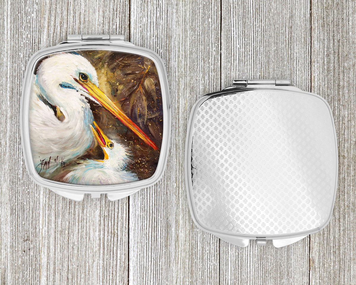 White Egret feeding baby Compact Mirror Decorative Travel Makeup Mirror for Women Girls Gifts Pocket Makeup Mirror Folding Handheld