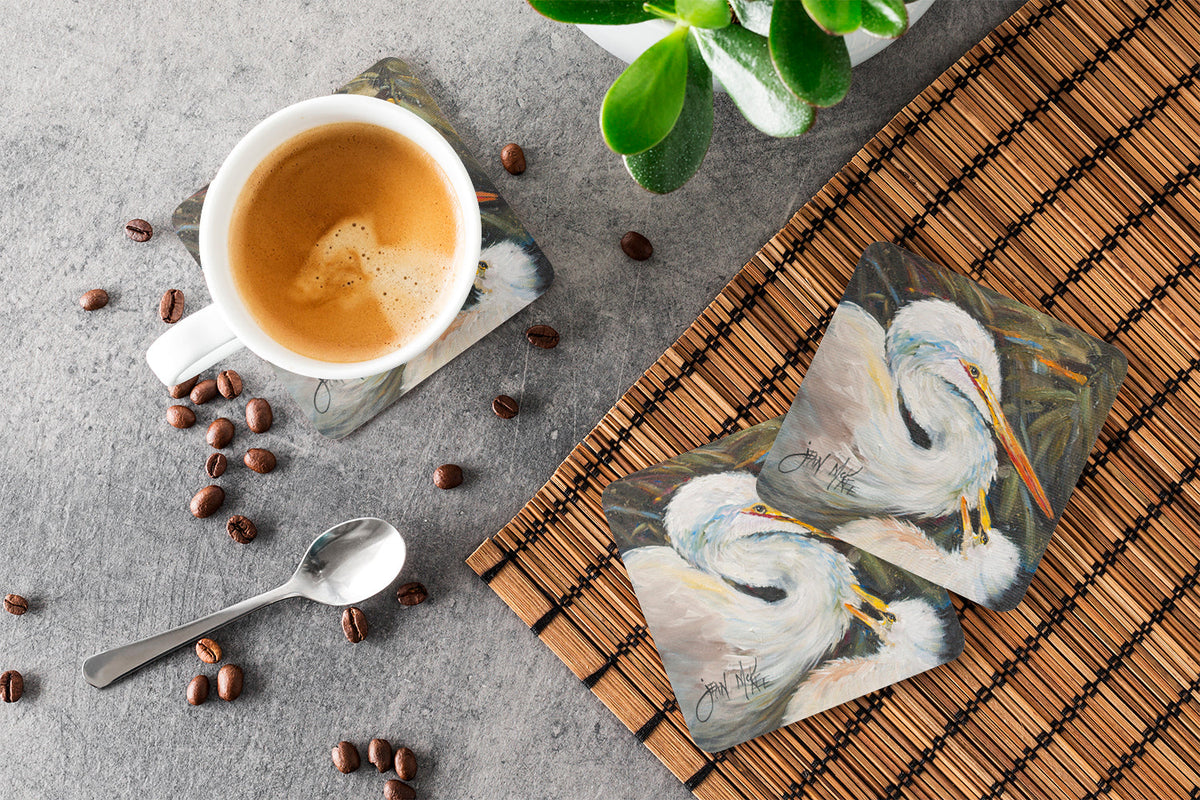 White Egret Foam Coasters Set of 4 Cup Coasters for Indoor Outdoor, Tabletop Protection, Anti Slip, Mouse pad Material