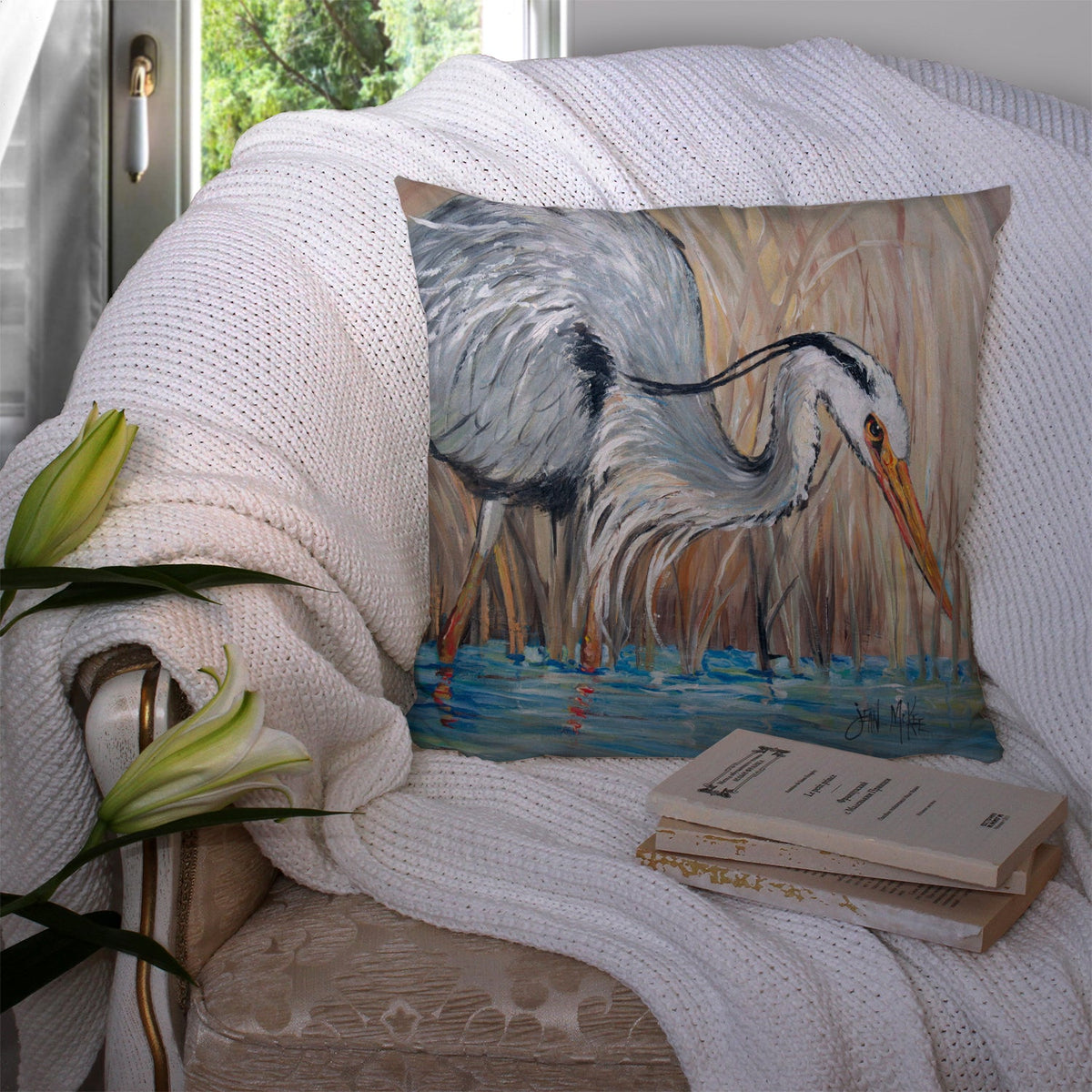 Blue Heron Decorative Throw Pillow 14x14 Indoor Outdoor Accent Cushion, Fabric Cover with Insert for Sofa, Bed, Porch & Living Room
