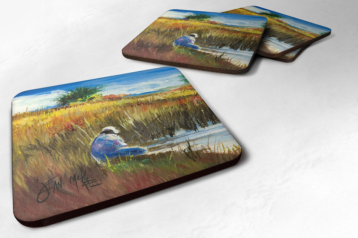 Fishing on the bank Foam Coasters Set of 4 Cup Coasters for Indoor Outdoor, Tabletop Protection, Anti Slip, Mouse pad Material