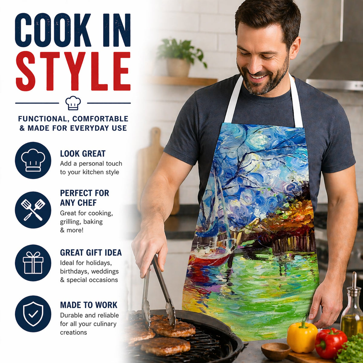 Boat Starlight Sailboats Apron Cooking Kitchen Server Baking Crafts Gardening for Adult Women Men, Unisex, Large, Multicolor