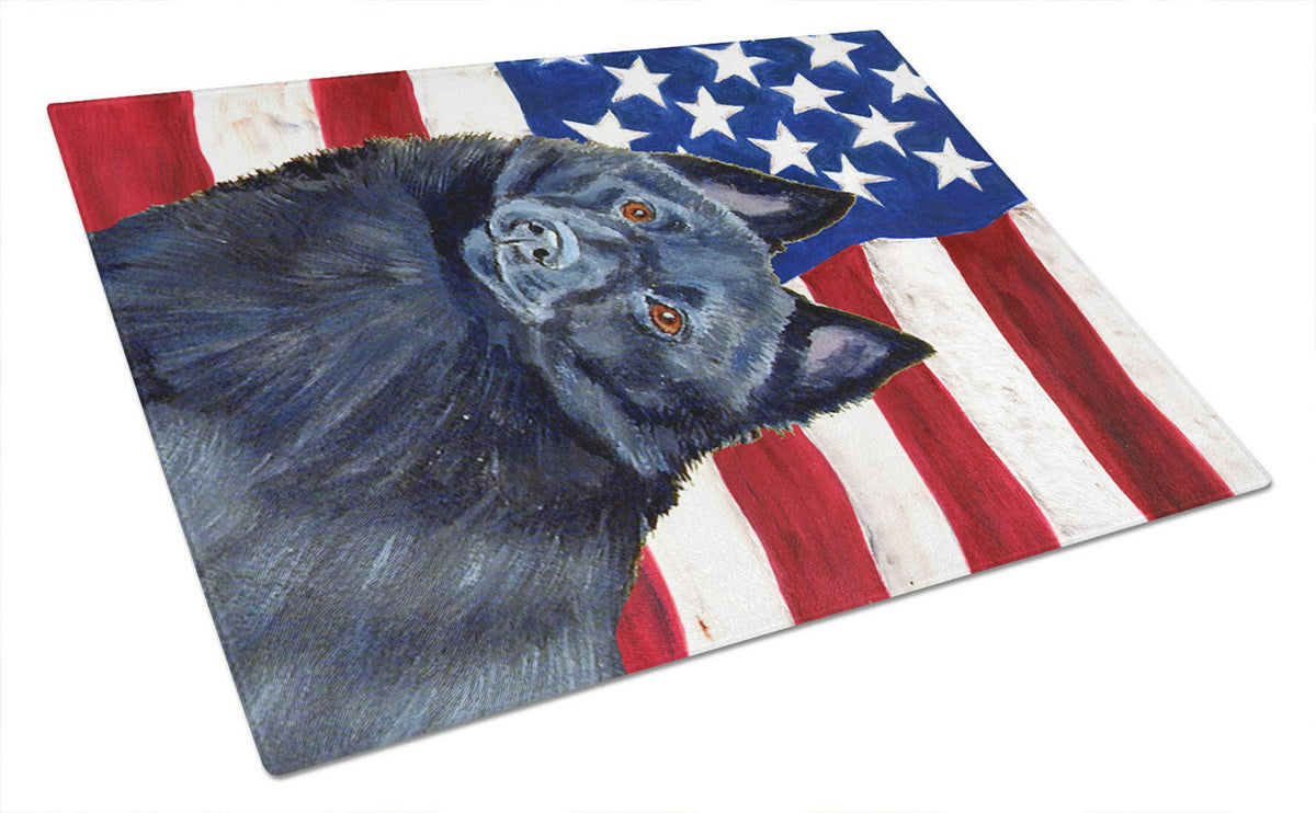 USA American Flag with Schipperke Cutting Board Tempered Glass Kitchen Cutting Surface, Heat Resistant Chopping, Non-Slip Feet, Food Prep & Serving
